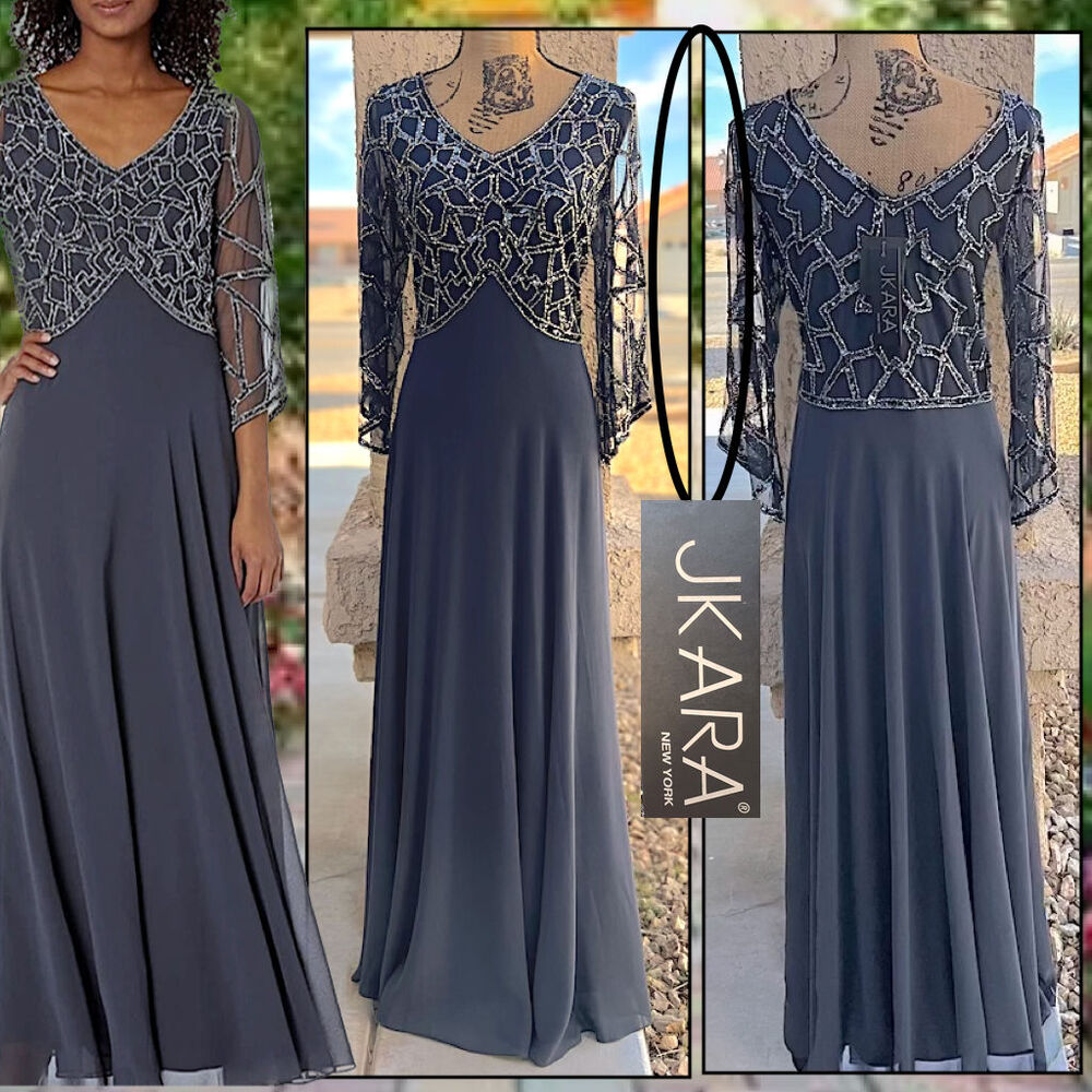 JKara Geo Beaded 3/4" Sleeves Top Gown Size 12